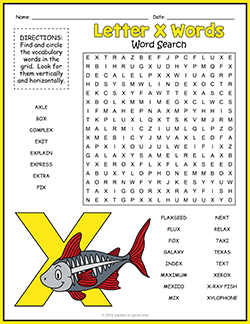 Free printable Letter X Words Word Search puzzle worksheet