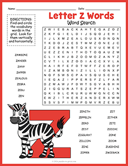 Free printable Letter Z Words Word Search puzzle worksheet