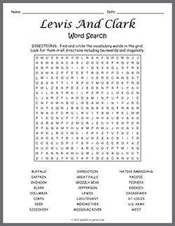 Free printable Lewis And Clark Word Search puzzle worksheet