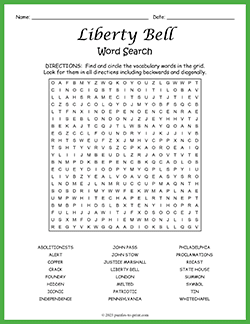 Free printable Liberty Bell Word Search puzzle worksheet