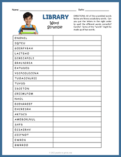 Free printable Library Word Scramble puzzle worksheet