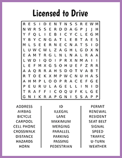 Free printable Licensed to Drive Word Search puzzle worksheet