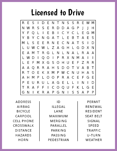 Licensed to Drive Word Search