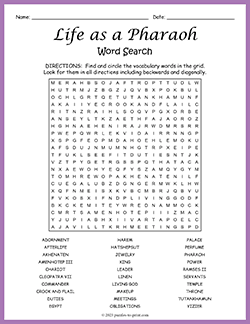 Free printable Life as a Pharaoh Word Search puzzle worksheet