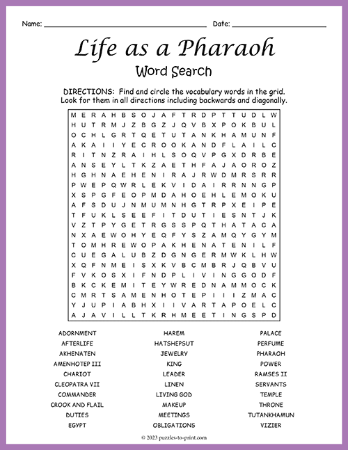 Life as a Pharaoh Word Search