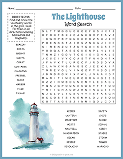 Free printable Lighthouse Word Search puzzle worksheet