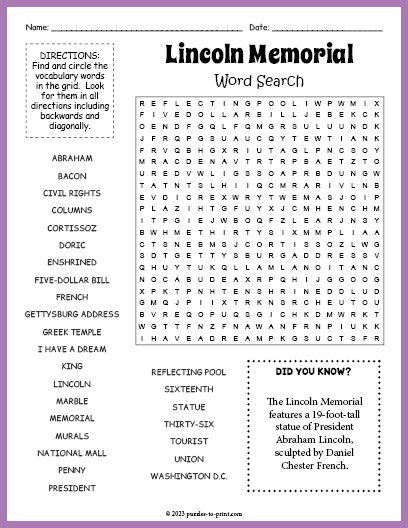 Lincoln Memorial Word Search