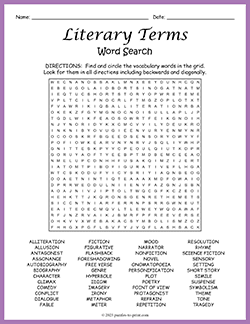 Free printable Literary Terms Word Search puzzle worksheet