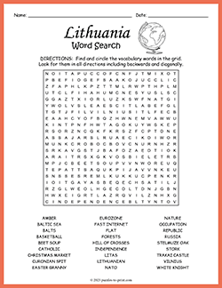Free printable Lithuania Word Search puzzle worksheet