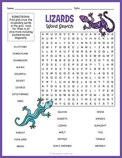Free printable Lizard Word Search puzzle worksheet