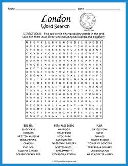 Free printable London Word Search puzzle worksheet