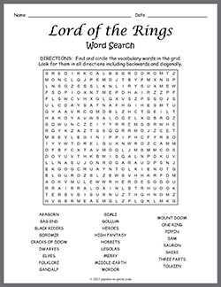 Free printable Lord of the Rings Word Search puzzle worksheet
