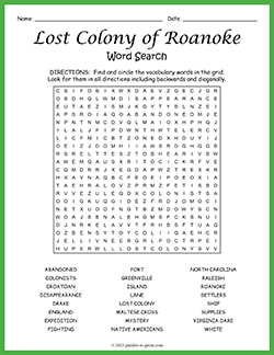 Free printable Lost Colony of Roanoke Word Search puzzle worksheet