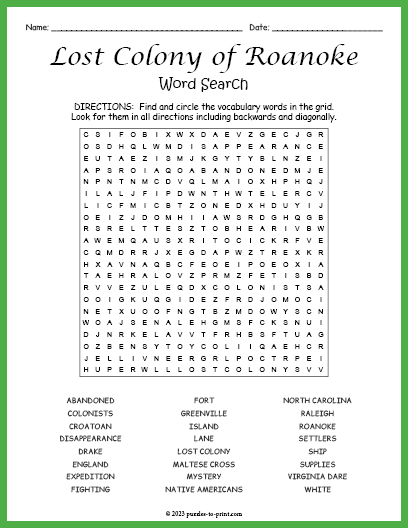 Lost Colony of Roanoke Word Search