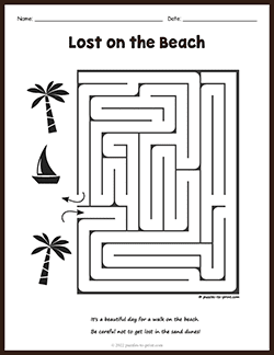Free printable Lost on the Beach Maze puzzle worksheet