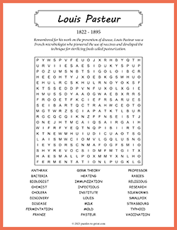 Free printable Louis Pasteur Word Search puzzle worksheet