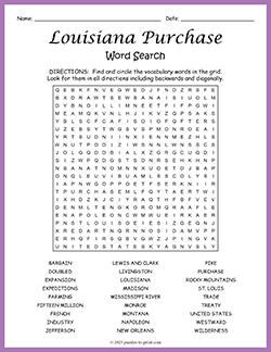 Free printable Louisiana Purchase Word Search puzzle worksheet