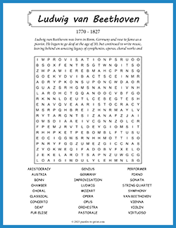 Free printable Ludwig van Beethoven Word Search puzzle worksheet