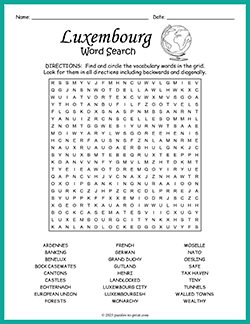 Free printable Luxembourg Word Search puzzle worksheet