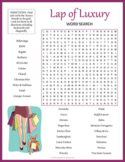 Free printable Luxury Brands Word Search puzzle worksheet