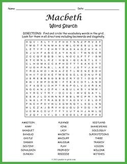 Free printable Macbeth Word Search puzzle worksheet