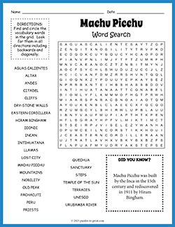 Free printable Machu Picchu Word Search puzzle worksheet