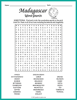 Free printable Madagascar Word Search puzzle worksheet