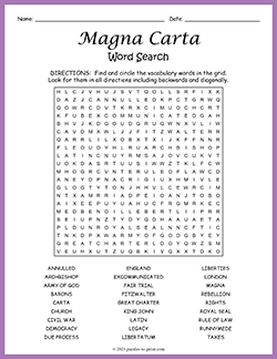 Free printable Magna Carta Word Search puzzle worksheet