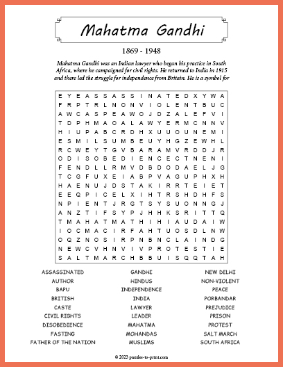 Mahatma Gandhi Word Search