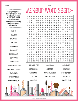 Free printable Makeup Word Search puzzle worksheet