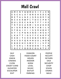 Free printable Mall Crawl Word Search puzzle worksheet