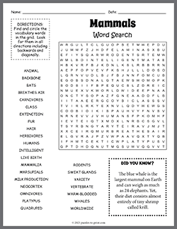 Free printable Mammals Word Search puzzle worksheet
