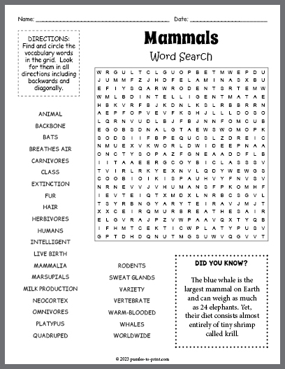 Mammals Word Search