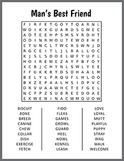 Free printable Man's Best Friend Word Search puzzle worksheet