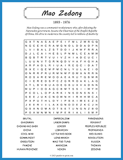 Free printable Mao Zedong Word Search puzzle worksheet