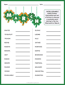 Free printable March Word Scramble puzzle worksheet