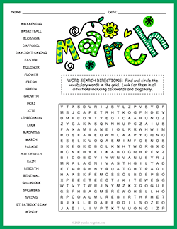 Free printable March Word Search puzzle worksheet