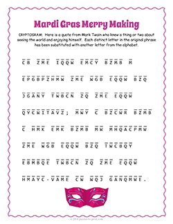 Free printable Mardi Gras Cryptogram puzzle worksheet