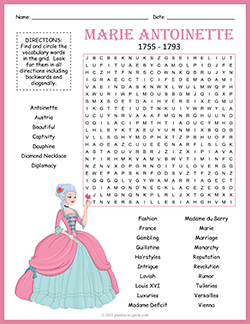 Free printable Marie Antoinette Word Search puzzle worksheet