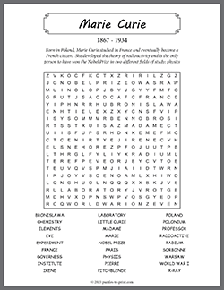 Free printable Marie Curie Word Search puzzle worksheet