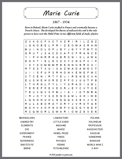 Marie Curie Word Search