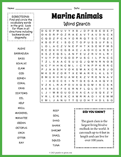 Free printable Marine Animals Word Search puzzle worksheet