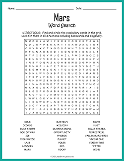 Free printable Mars Word Search puzzle worksheet