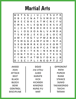 Free printable Martial Arts Word Search puzzle worksheet