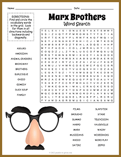 Free printable Marx Brothers Word Search puzzle worksheet