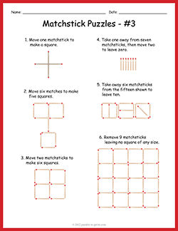 Free printable Matchstick Puzzles puzzle worksheet