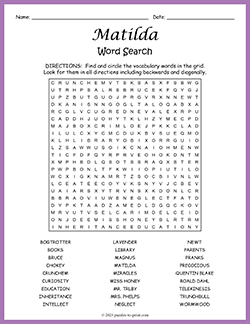 Free printable Matilda Word Search puzzle worksheet