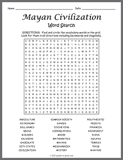 Free printable Mayan Civilization Word Search puzzle worksheet