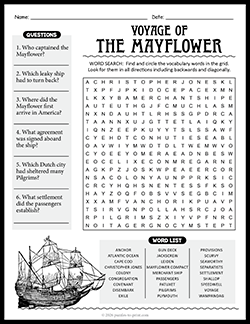 Free Printable Mayflower Voyage Word Search Puzzle Worksheet