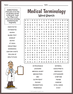 Free printable Medical Terminology Word Search puzzle worksheet